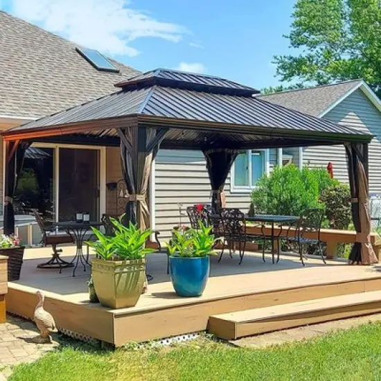 ORRD 12&rsquo;x16&rsquo; Hardtop Gazebo w/ Galvanized Steel Canopy, Aluminum Frame, Curtains & Netting &ndash; for Patio, Deck & Backyard image {5}