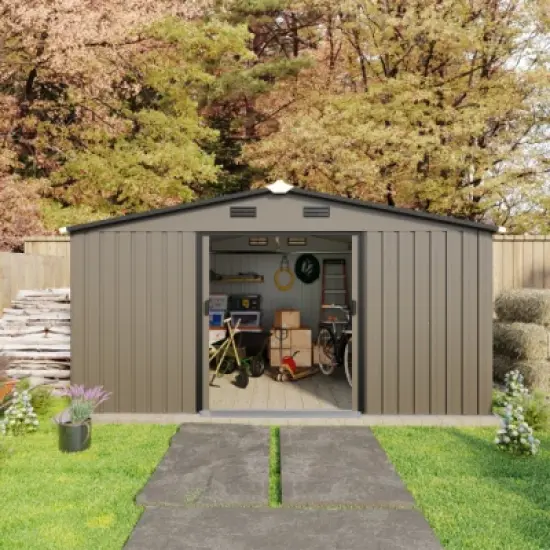 10&times;12 FT Extra Large Outdoor Steel Storage Shed with Two Daylight Windows, Weather-Resistant Tool Shed for Backyard or Garden&ndash;The Pop Home image {1}