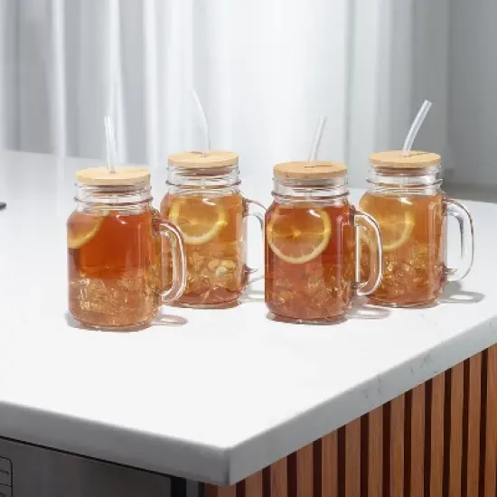 4PC Glass Jars with Bamboo Lids and Straw, 16oz Mason Jar Drinking Glasses &ndash; Reusable Tumbler Set for Cold Beverages image {8}