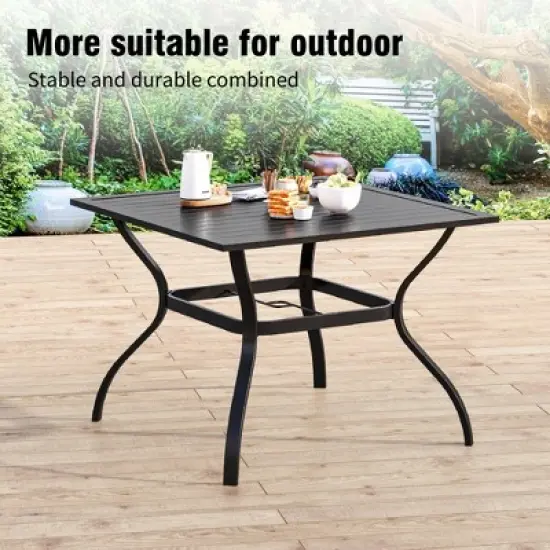 Captiva Designs 6pc Outdoor Patio Square Steel Dining Table with Stackable Metal Chairs and Market Umbrella image {5}