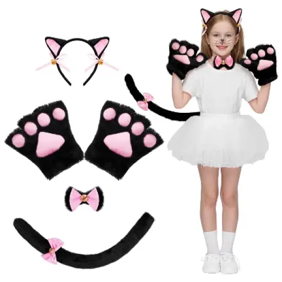 Joyfy 5 Pcs Kitty Cat Halloween Costume Accessory Set for Adult, Kids, Cat Ears Headband, Paws Gloves, Bow Tie, Tail, Cosplay Dress Up Party image {9}
