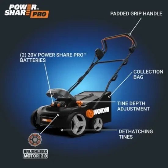 Worx Nitro WG855 40V Power Share Brushless 14&rdquo; Cordless Dethatcher (Batteries & Charger Included) image {10}