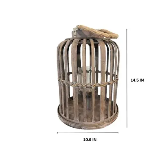 Essential Decor & Beyond 14.5" Natural Bamboo Glass Candle Holder Tabletop Lantern With Rope Handle image {2}
