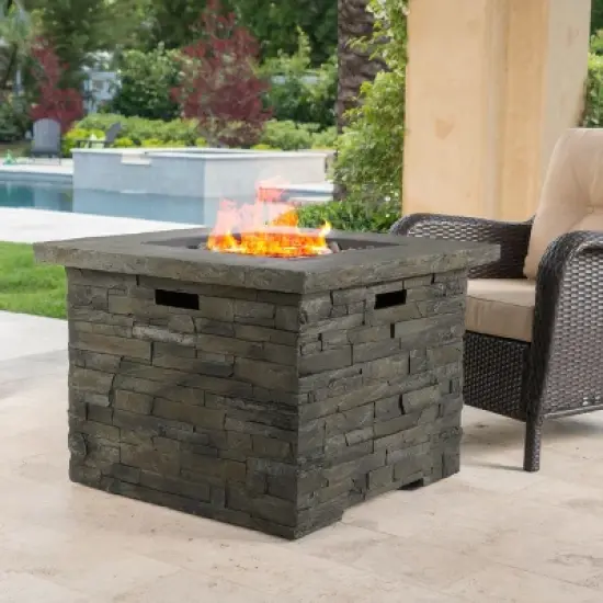 35 Inch Square Outdoor Fire Pit with Built In Propane Tank Storage and Stone Inspired Design image {3}
