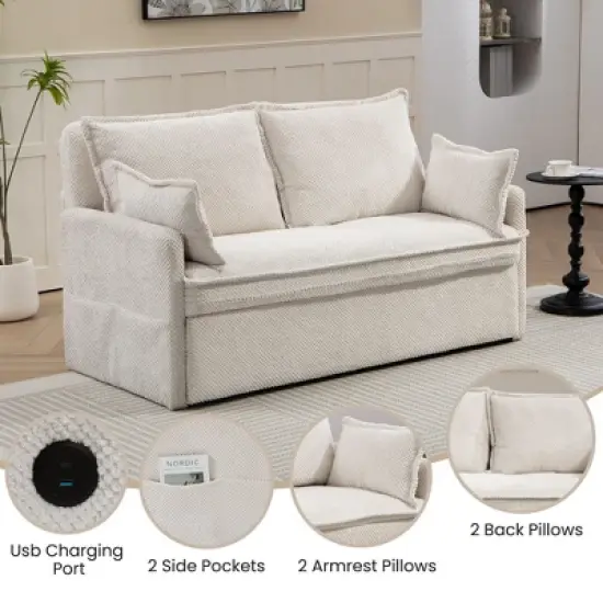 NicBex Convertible Pull Out Sofa Bed Loveseat Couch with Charging Ports & Side Storage,Chenille Fabric Sleeper Sofa for Living Room,Bedroom,White59.5" image {3}
