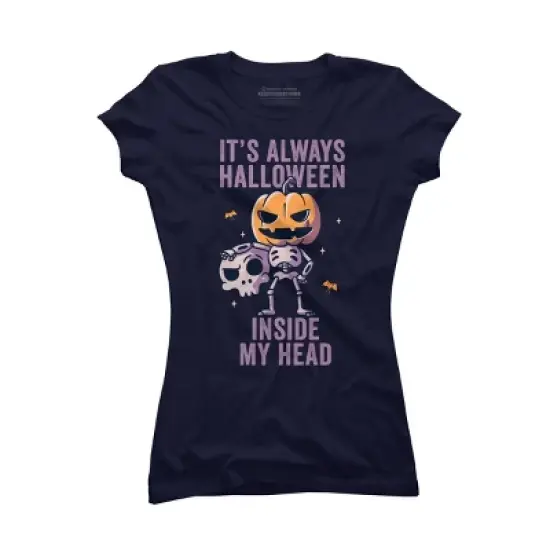 Junior's Design By Humans It's Always Halloween Inside My Head Funny Cute Spooky By EduEly T-Shirt image {5}