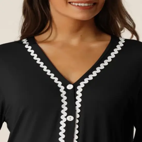 cheibear Womens Button Down V Neck Long Sleeve Pajama Nightshirt Dress image {3}