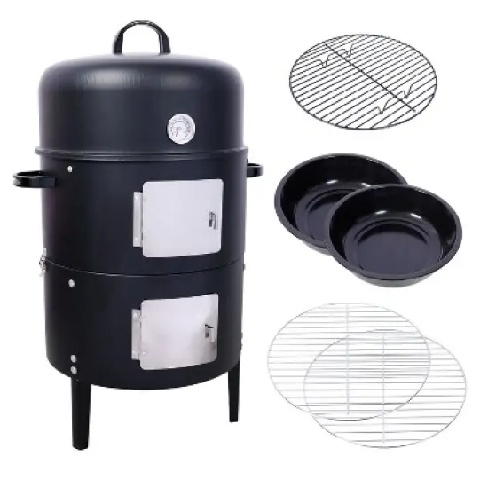 Kumasinova 17" Steel Charcoal Smoker,3-Tier Vertical BBQ Grill with Built-In Thermometer,453 Square Large Cooking Area,Fast Heating,Silver/Black image {5}