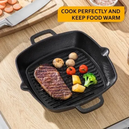 vancasso Griddle Pans Pre-Seasoned Cast Iron Frying Pan Square with Double Handle for Induction, Electric & Gas Hobs Grill Steak and Veggies Black image {6}