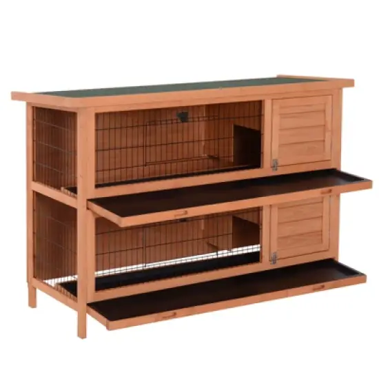 PawHut 54" 2-Story Large Rabbit Hutch Bunny Cage Wooden Pet House Small Animal Habitat Lockable Doors, Tray, Roof for Outdoor/Indoor Orange image {5}