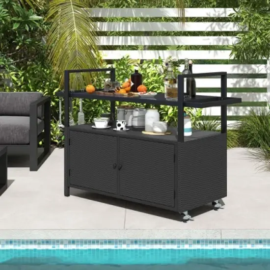 Costway Outdoor Bar Cart with Tempered Glass Top Storage Cabinet & 8 Hooks for Porch image {4}