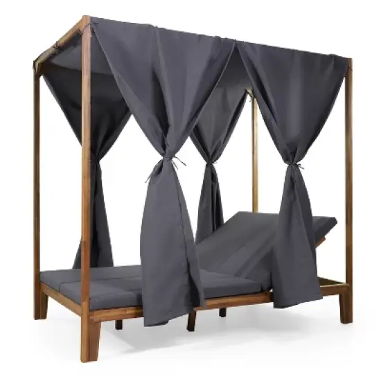Christopher Knight Home Kinzie Outdoor Acacia Wood 2 Seater Adjustable Daybed with Curtains,Teak/Dark Gray image {3}