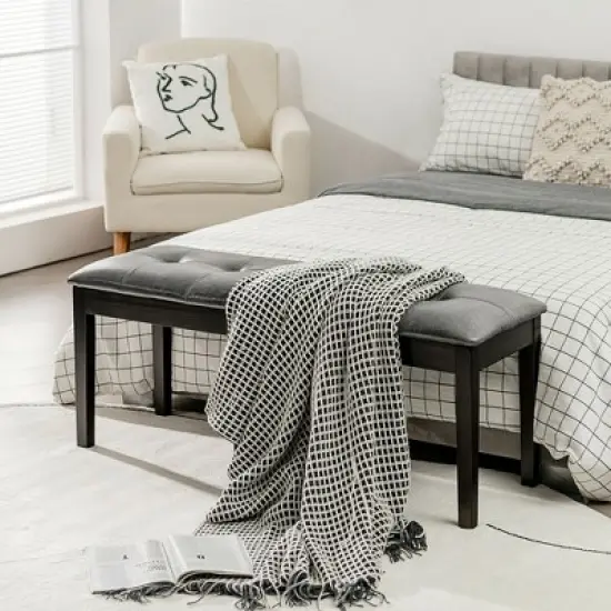 Costway Upholstered Dining Bench w/Padded Seat for Kitchen Bedroom Entryway Grey image {2}