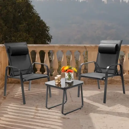 Tangkula 3PCS Patio Adjustable Back Stackable Chairs Side Table Set Bistro Set Classic Furniture Chair Set for Garden Black/Brown/Grey image {2}