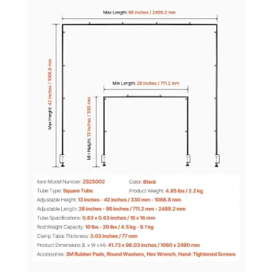 VEVOR Over The Table Rod Stand with Clamps, 13"-42" Tall & 28"-98" Length Adjustable, Metal Table Arch Stand, Tabletop Balloon Arch Frame, Black image {7}