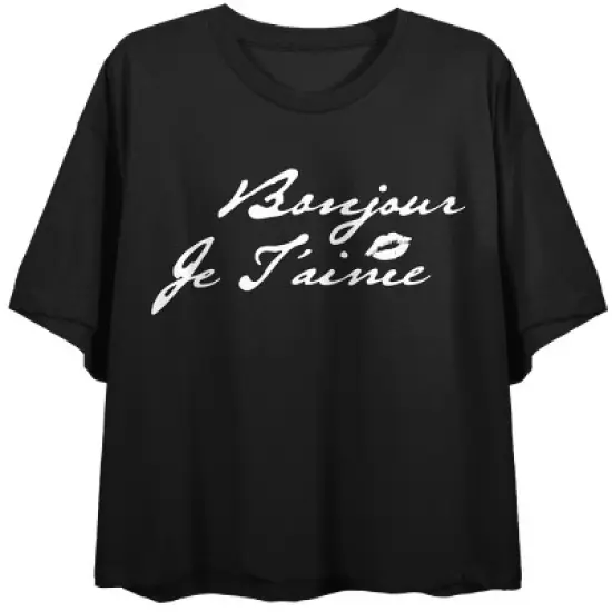 "Bonjour Je T'aime" Women's Black Graphic Crop Tee image {2}