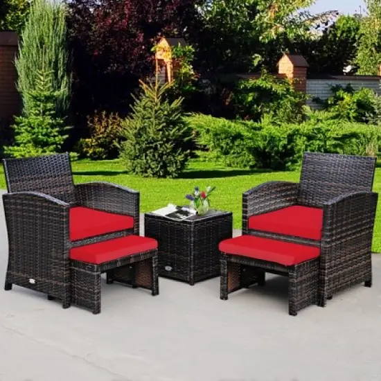 Costway 5PCS Patio Rattan Wicker Furniture Set Sofa Ottoman W/ Cushions image {10}
