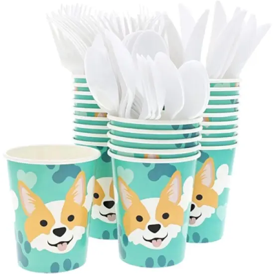 Blue Panda 144 Piece Puppy Dog Party Supplies, Corgi Birthday Decorations with Paper Plates, Napkins, Cups, and Cutlery (Serves 24) image {2}