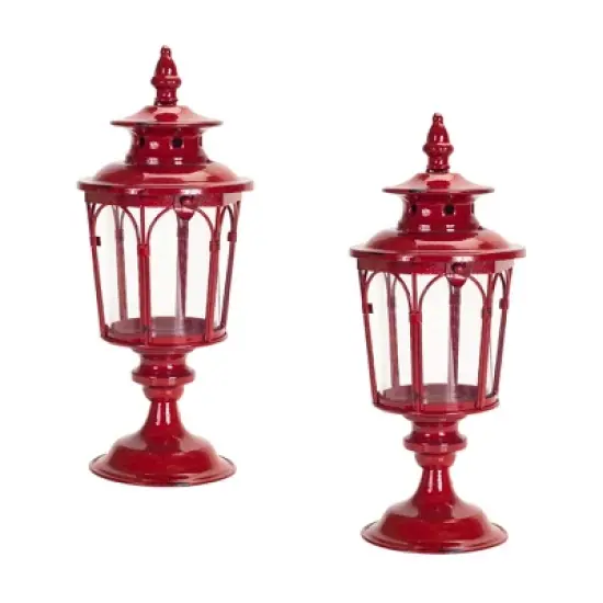 HomeRoots Set of Two Red Distressed Ornate Glass And Metal Tabletop Lantern Candle Holders image {5}
