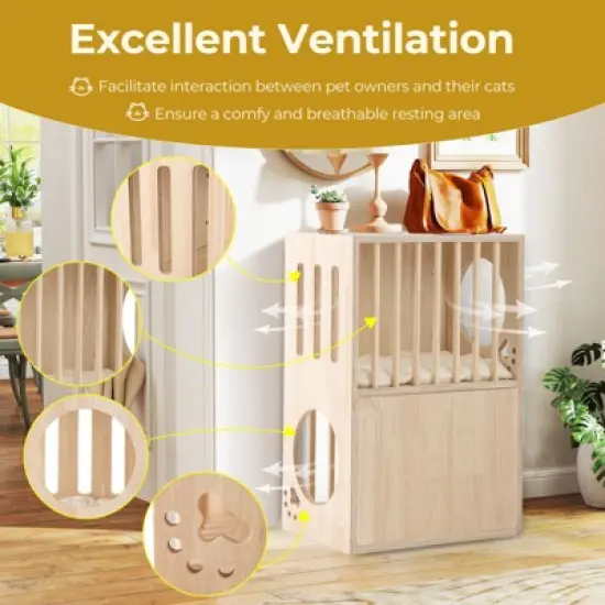 Costway 2-Tier Luxury Wood Cat House Kitten Cage Condo w/ Washable Plush Cushions End Side Table Nightstand image {7}