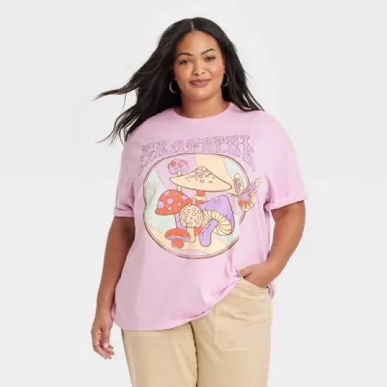 Women's Grateful Mushroom Oversized Short Sleeve Graphic T-Shirt - Pink image {4}