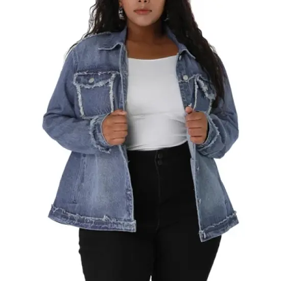 Agnes Orinda Women's Plus Size Button Down Frayed Chest Pockets Short Denim Jacket image {6}