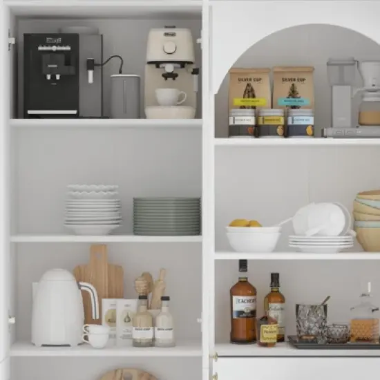 Famapy White Farmhouse Kitchen Pantry with Arch & Glass Doors,Large Capacity Kitchen Storage Hutch,Multi - Drawer Kitchen Organizer,Display Cabinet image {8}