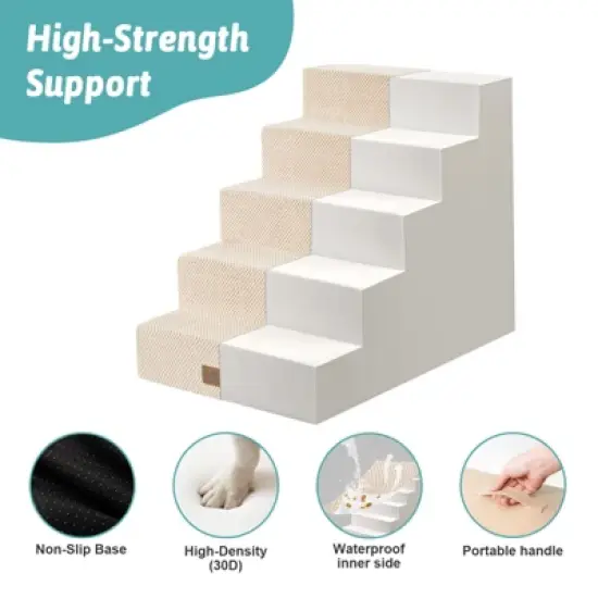 Cozy Kiss 5-Tier Extra-Wide Foam Pet Steps, Non-Slip Dog Stairs for High Beds & Sofas with Removable Washable Cover image {5}