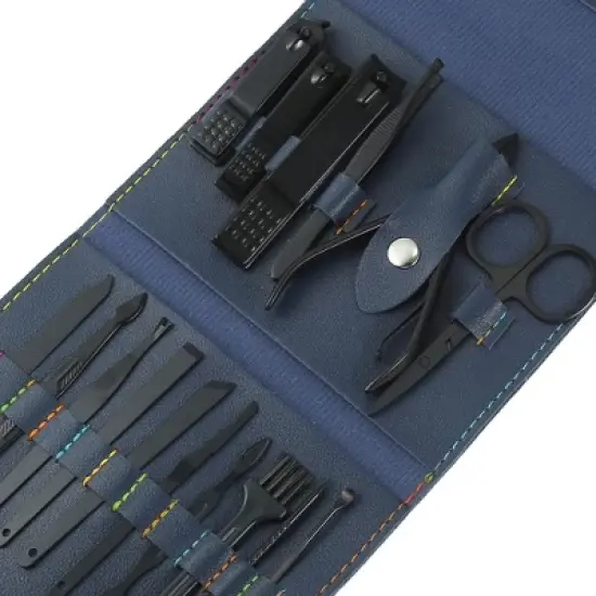 Unique Bargains Manicure Set with PU Leather Case Personal Care Tool Kits Stainless Steel Pedicure Set Blue Black 16pcs image {2}