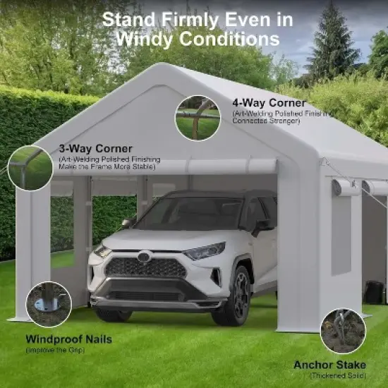 10x20 FT Heavy Duty Carport Canopy, Portable Garage Shelter with 4 Roll-Up Doors & 2 Side Doors, Waterproof Vehicle Cover for Pickup/Truck image {6}