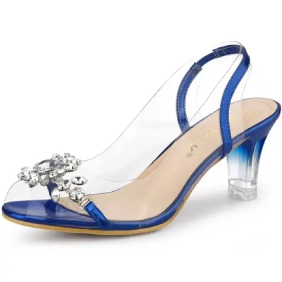 Allegra K Women's Clear Slingback Flower Rhinestone Peep Toe Heels Sandals image {11}
