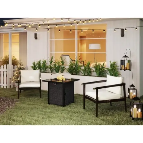 LOVSON 28" Propane Fire Pit Table,50,000 BTU Outdoor Gas Firepit with Rattan/Wicker Design, Tempered Glass Top & Wind Screen for Patio & Garden image {6}