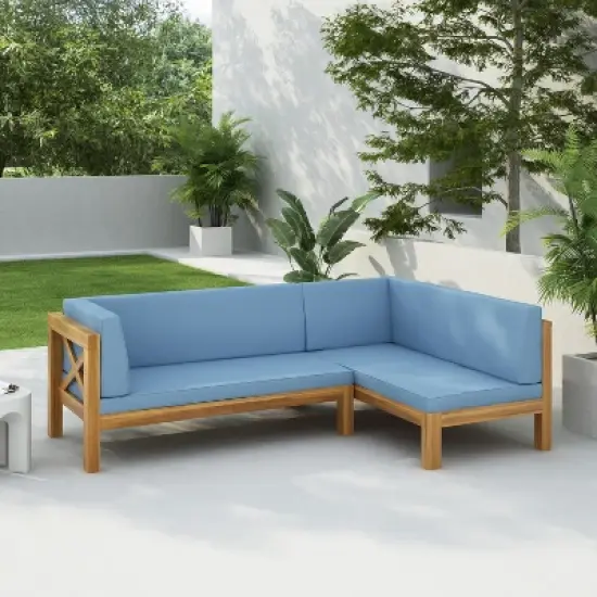 Christopher Knight Home Lyra Outdoor Acacia Wood 4 Seater 88.5" Sectional Sofa with Cushions image {12}