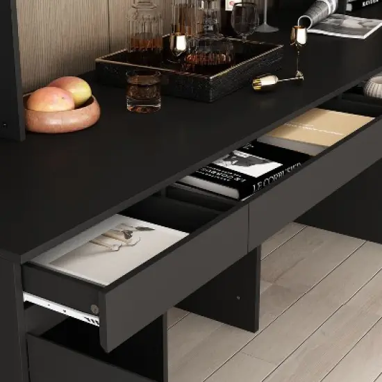 Famapy Black Spacious Double Desk Workstation Light Strips USB Ports image {8}