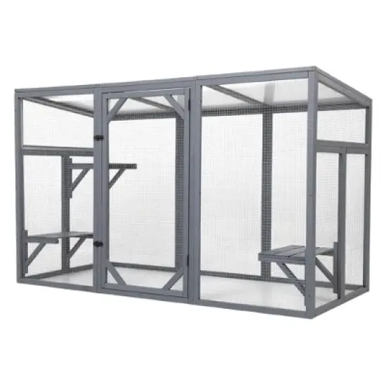 SEVOBAL Pet Crates and Houses Outdoor Wood Cat Enclosure with 3 Platforms Lockable Door Sun Sheet Roof Large Run for Pets, Gray, 70.87"*31.5"*44.3" image {4}
