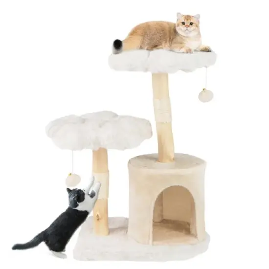 Tangkula Cute Solid Wood Cat Tree Natural Branch Modern Flower Cat Tower w/Soft Long image {10}