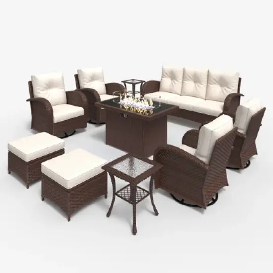 LayinSun Outdoor Patio Furniture Set, Brown Rattan Wicker Sectional Swivel Rocker Chairs Sets image {1}