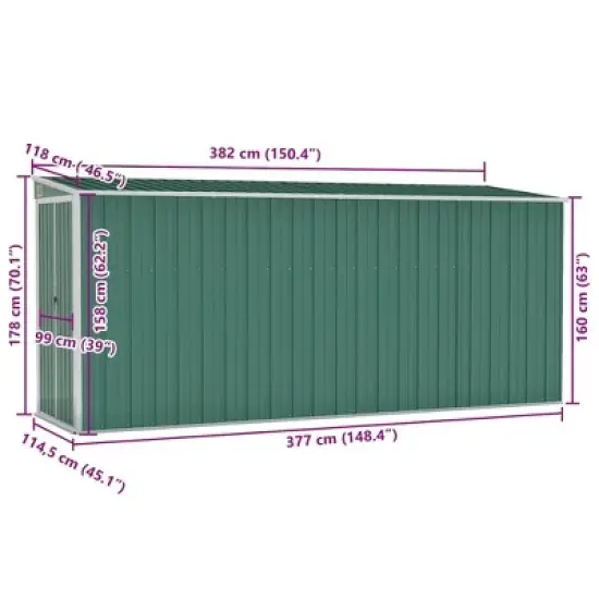 vidaXL Storage Shed Wall-mounted Garden Shed for Backyard Galvanized Steel - Green 46.5" x 150.4" x 70.1" image {6}