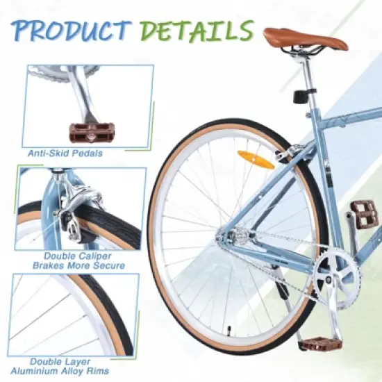 INFURNIC Bicycles Single Speed Retro 700C Road Bike with Steel Frame and Double Caliper Brakes for City Riding, Blue-gray, 64.97"*24.41"*38.52" image {2}