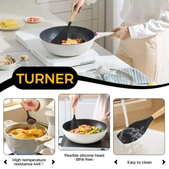 Itopfox 34-Piece Silicone Cooking Utensil Set with Wooden Handles Heat Resistant Kitchen Tools for Nonstick Cookware Includes Spatulas, Spoons, Tongs image {3}