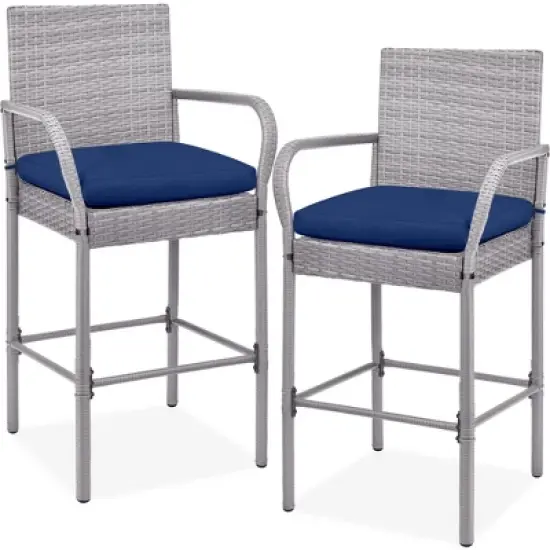 Best Choice Products Set of 2 Wicker Bar Stools w/ Cushion, Footrests, Armrests for Patio, Pool, Deck image {8}
