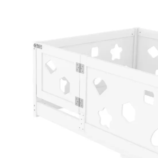 Okak Twin/Full Size Floor Bed Frame,White Solid Wood Toddler Bed with Safety Rails, Low Profile Design for Kids Bedroom & Nursery image {4}