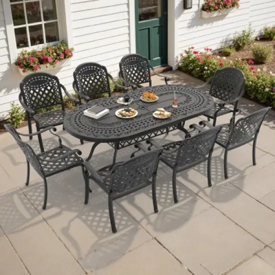 9-Piece Durable Cast Aluminum Outdoor Dining Set - Oval Table & Stackable Chairs Comfortable Red Cushions - Perfect Patio & Backyard Furniture image {1}