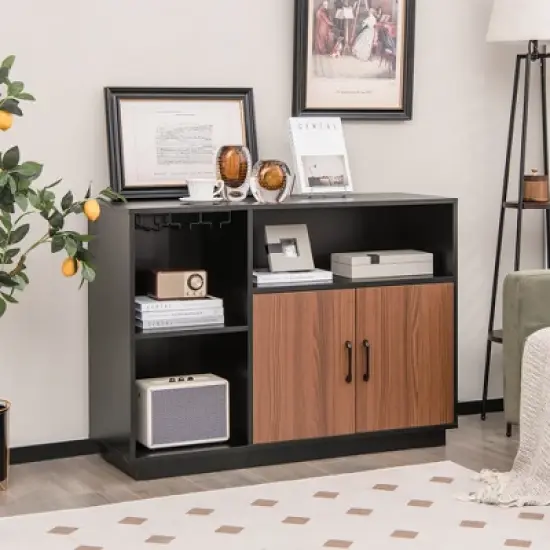 Costway Industrial Wine Bar Cabinet Sideboard Buffet with Glass Holder &  Adjustable Shelf image {1}