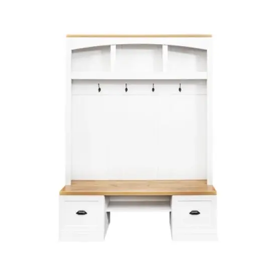 TIRAMISUBEST Farmhouse 4-in-1 Hall Tree with Bench - Entryway Organizer with Black Hooks & Adjustable Shelves, White image {8}