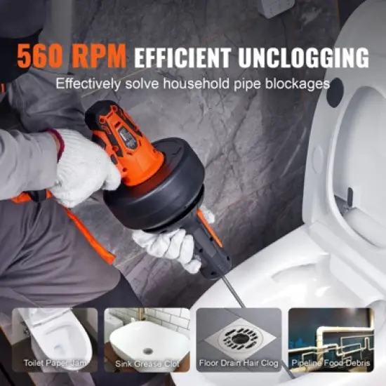 VEVOR 12V Electric Drain Auger, 25FT Cordless Plumbing Snake Auto Feed, Pipeline Snake Drain Clog Remover with Power Drill for 3/4"-2" Pipes, Black image {2}