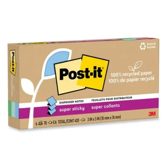 Post-it Notes Super Sticky 100% Recycled Paper Super Sticky Notes, 3" x 3", Oasis, 70 Sheets/Pad, 6 Pads/Pack image {1}
