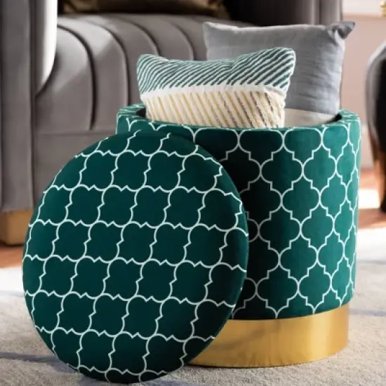 Serra Quatrefoil Velvet Upholstered Metal Storage Ottoman - Baxton Studio image {5}
