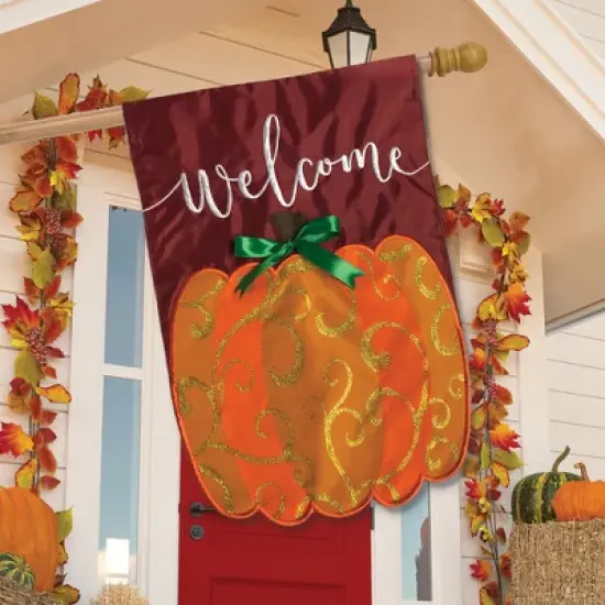 Welcome Pumpkin Fall Applique House Flag Autumn 28" x 40" Briarwood Lane image {2}