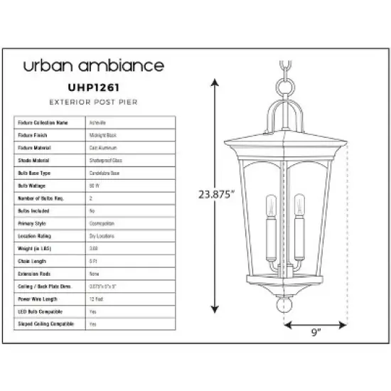Urban Ambiance Luxury Cosmopolitan Outdoor Pendant Light,  23.875"H x 9"W,  Midnight Black Finish, UHP1261 image {6}